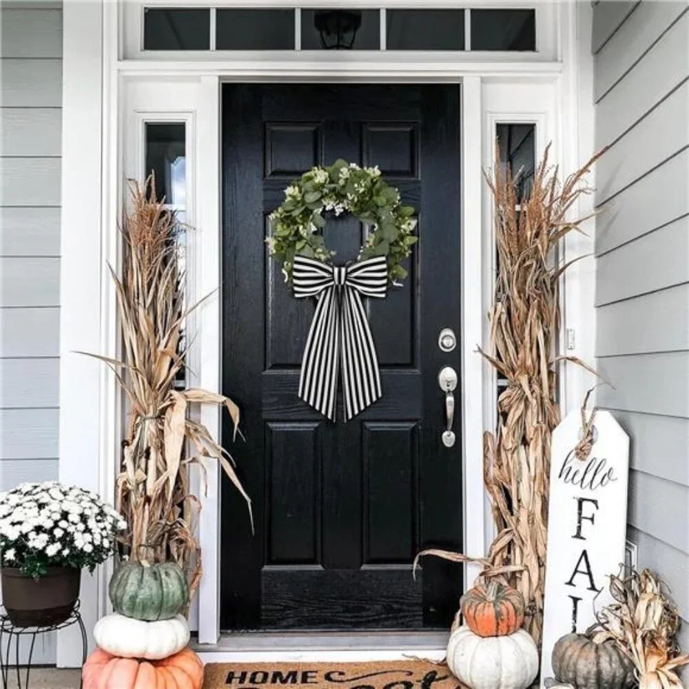2 Pack Boxwood Wreath Sash Garland for Front Door Porch Decor (Black and White